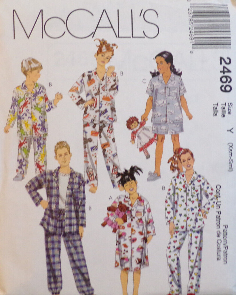 McCall's Sewing Pattern 2469 Boys Girls Nightshirt Pants Shorts Size XS-SM UNCUT