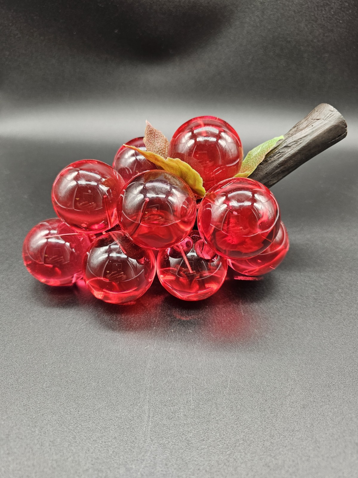 Vintage MCM Lucite Acrylic Green Ruby Red on Driftwood Large Cluster with Leaves