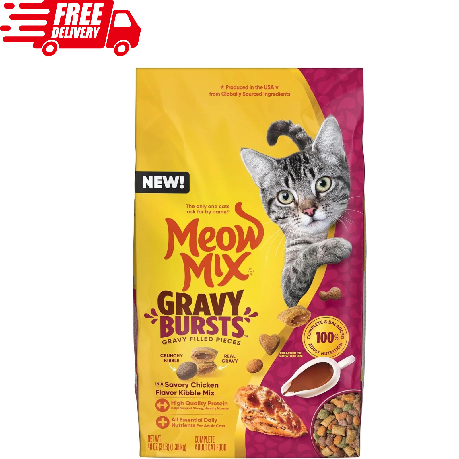 Gravy Bursts Dry Cat Food, Chicken, 3 LB Bag