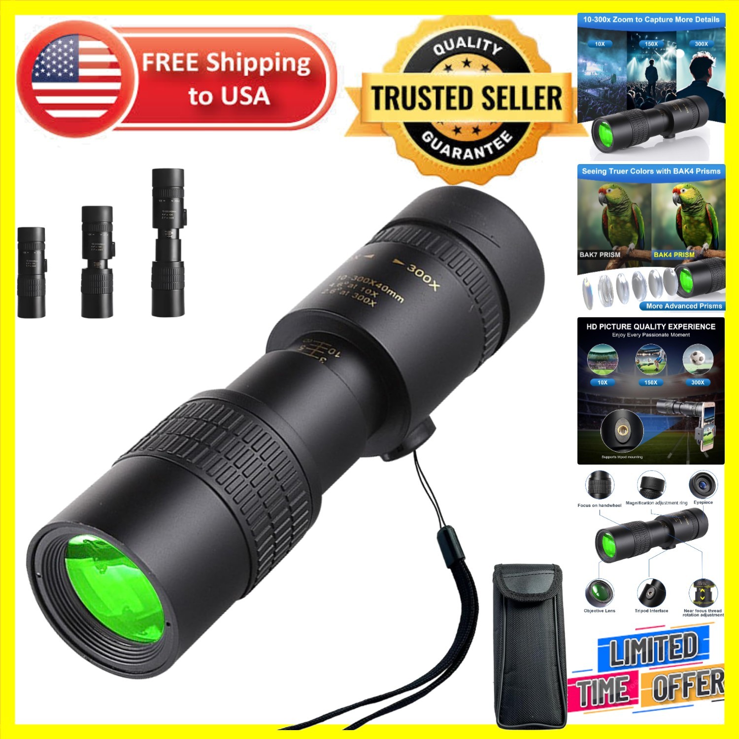 10-300x Zoom Monocular Telescope Black - Ideal for Birdwatching & Stargazing