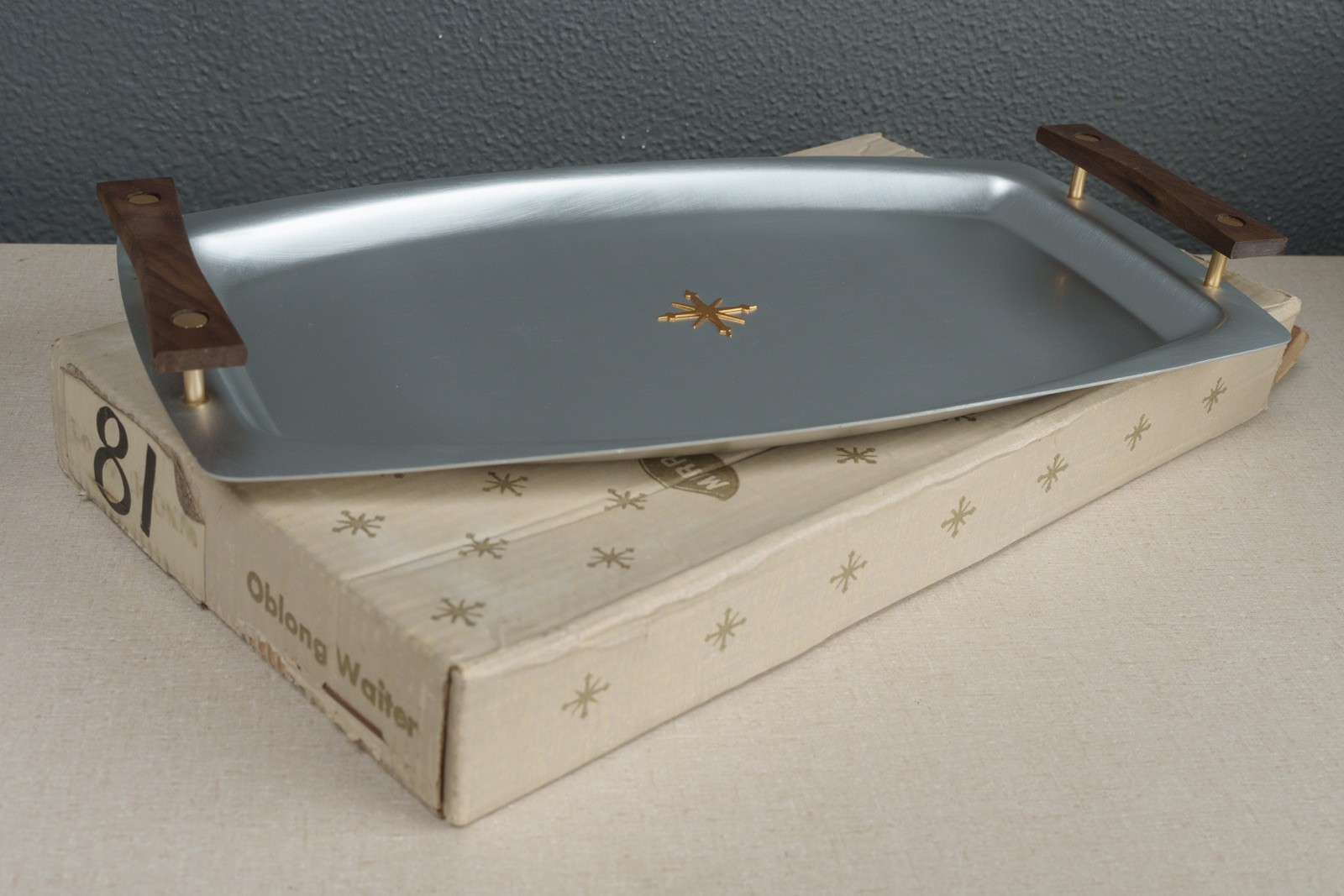 Mid Century Modern Mirro Medallion Starburst Aluminum Walnut Oblong Serving Tray