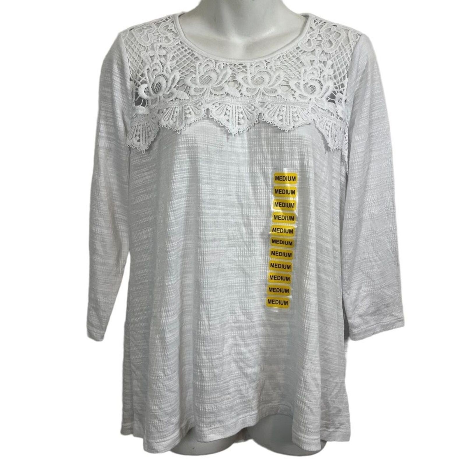 STATUS BY CHENAULT Ivory Off White Crochet Trim 3/4 Sleeve Casual Top Shirt sz M