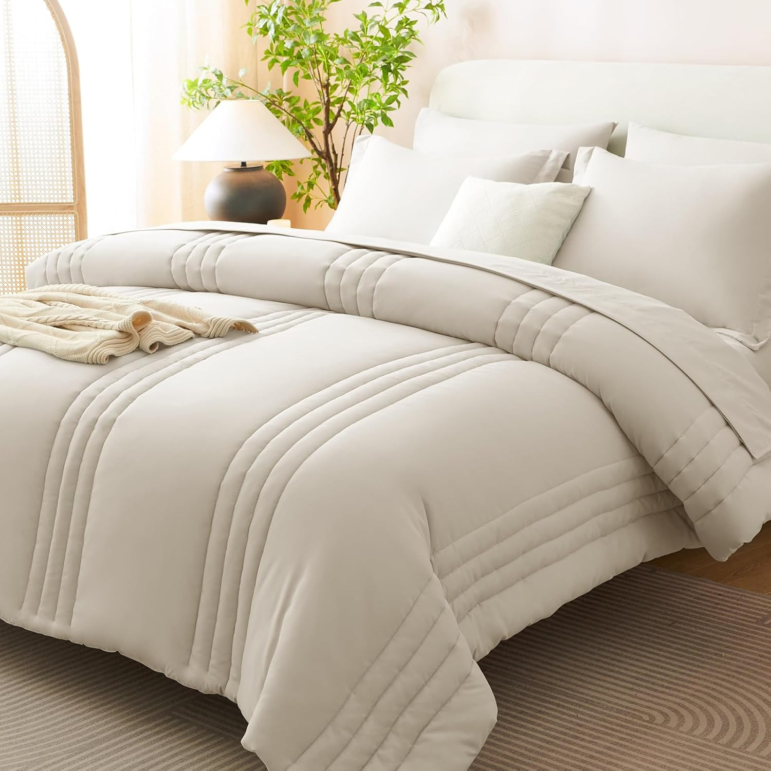 Queen Size Comforter Sets - 7 Piece Bed in a Bag Beige Comforter Set with Sheets