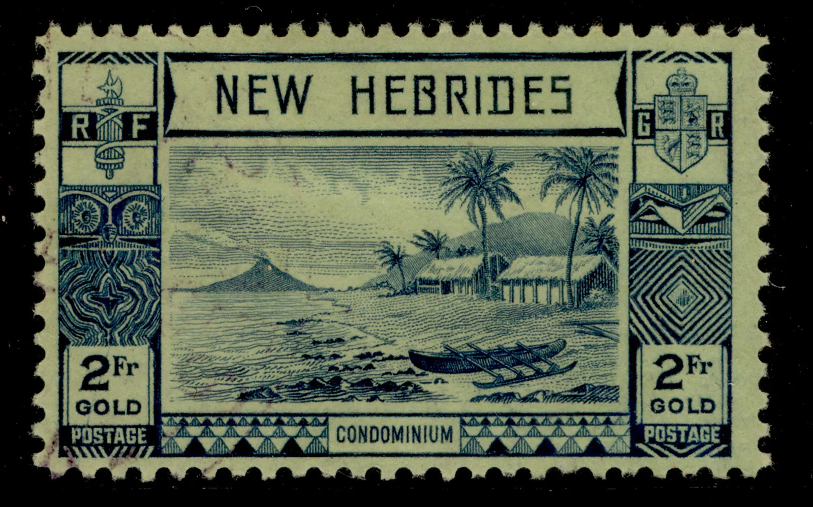 NEW HEBRIDES GVI SG61, 2f blue/green, FINE USED. Cat £32.