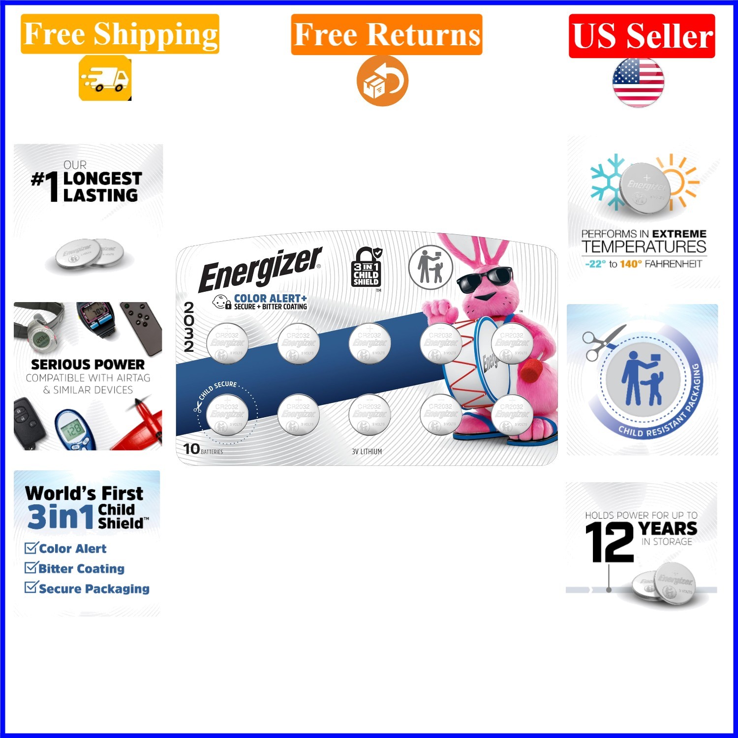 10-Pack CR2032 3V Lithium Coin Batteries with Child Safety, Long-Lasting