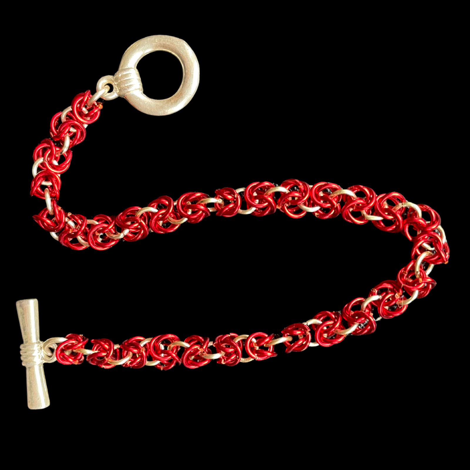 Red & Silver Tone Byzantine Weave Chainmaille Bracelet, 8 inches