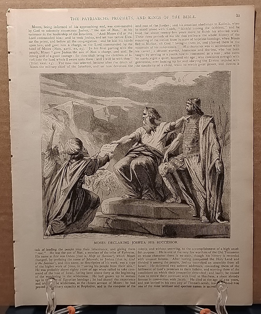 1884 - Vintage MOSES DECLARING JOSHUA HIS SUCCESSOR Antique Bible Print 1800s