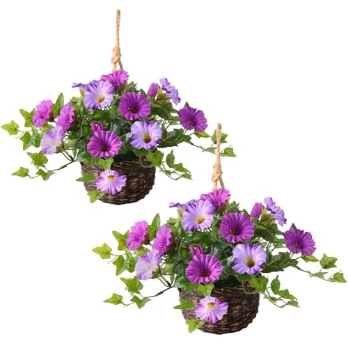 2 Set Artificial Outdoor Flowers with Hanging Basket, 2 Light Purple Red