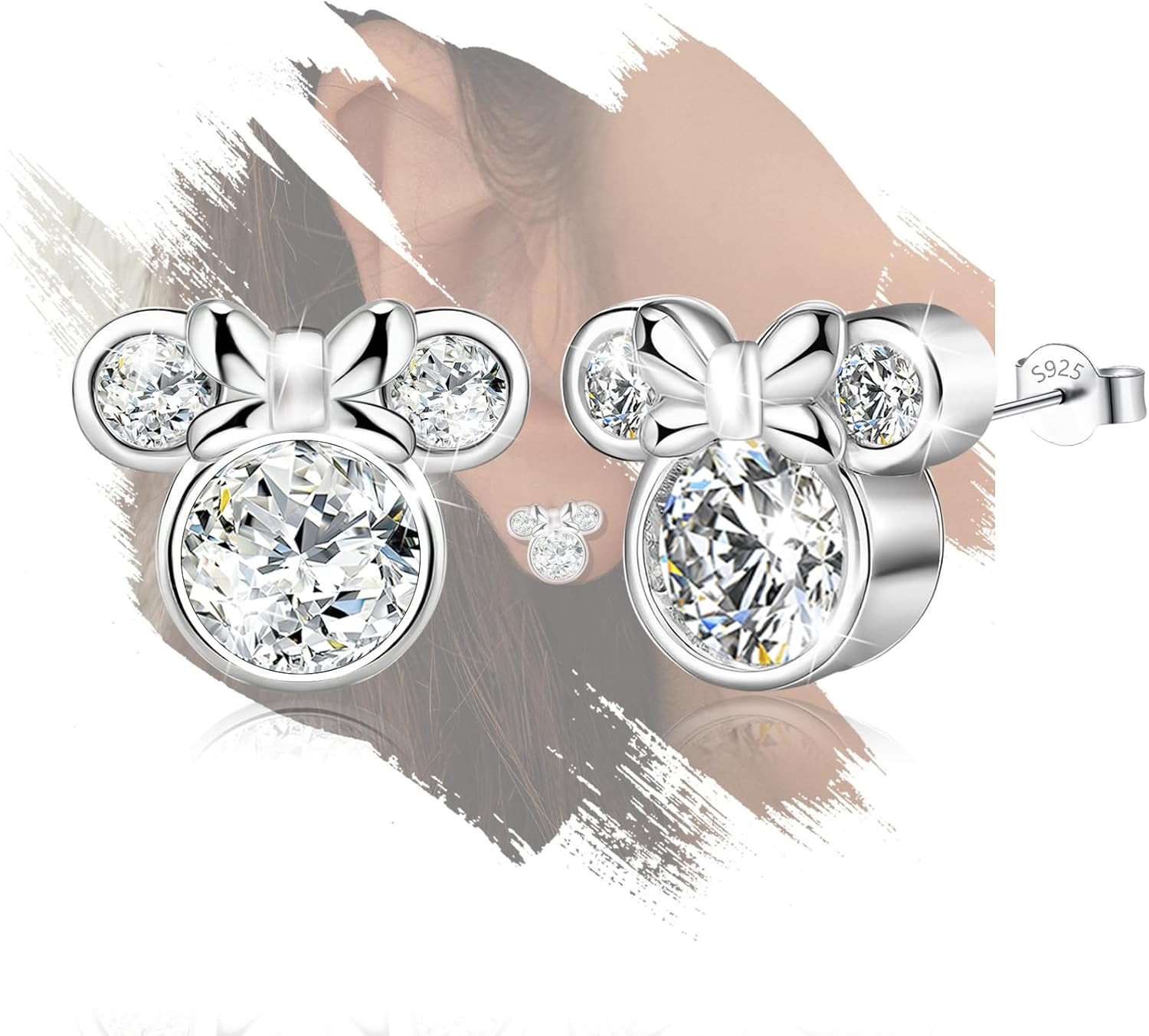 White Gold Plated S925 Sterling Silver Bow Mouse Stud Earrings Sparkling CZ Fun 