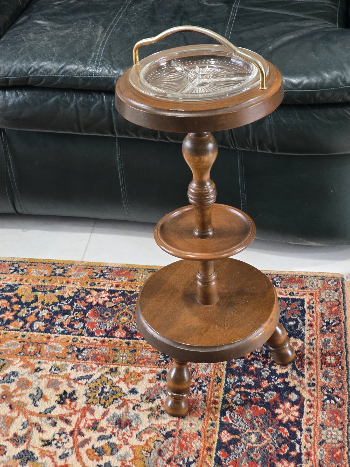 1950s George B bent  Wooden Pedestal Ashtray with Glass Insert and Brass Handle