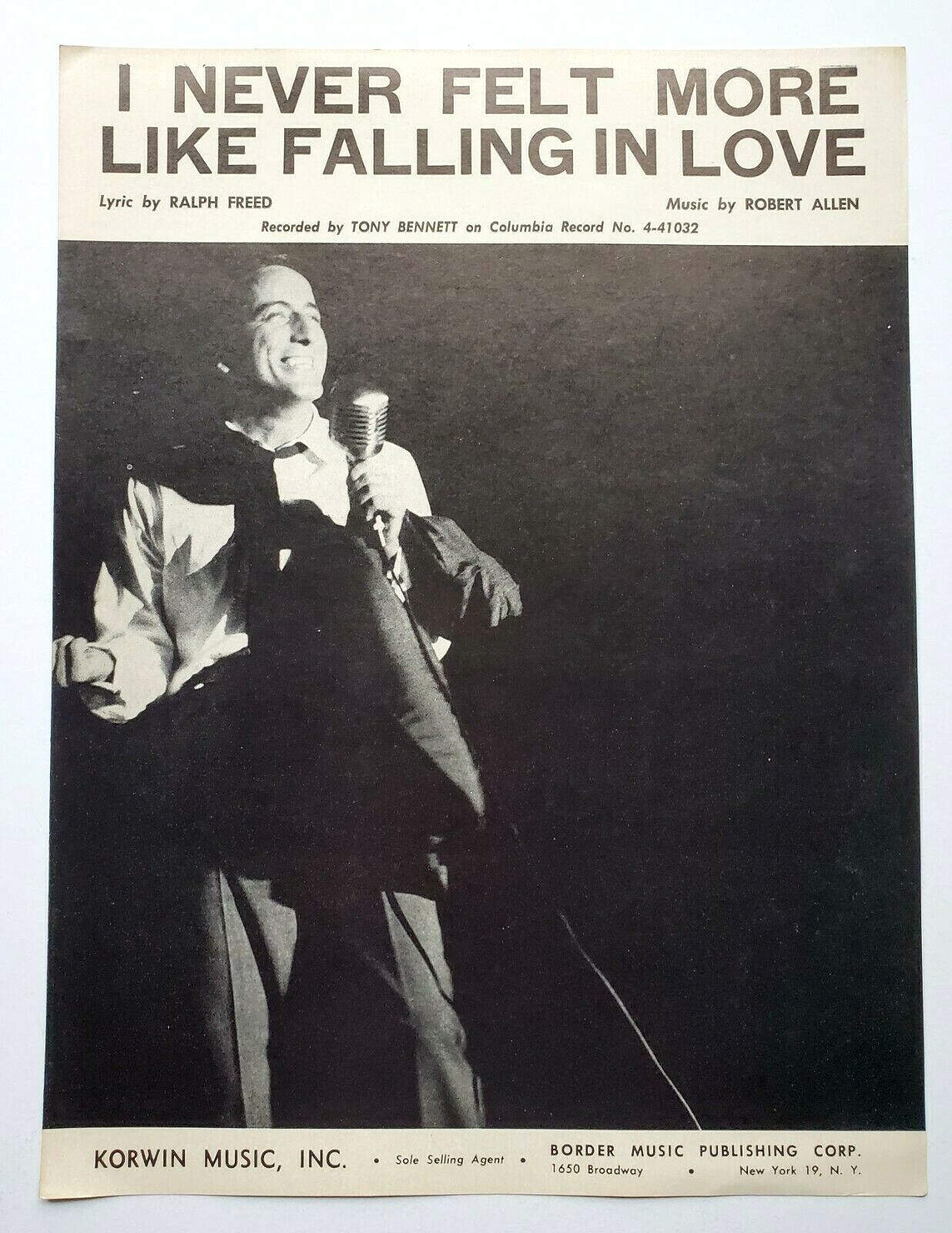 Never Felt More Like Falling In Love Sheet Music 1954 Tony Bennett Piano Song 