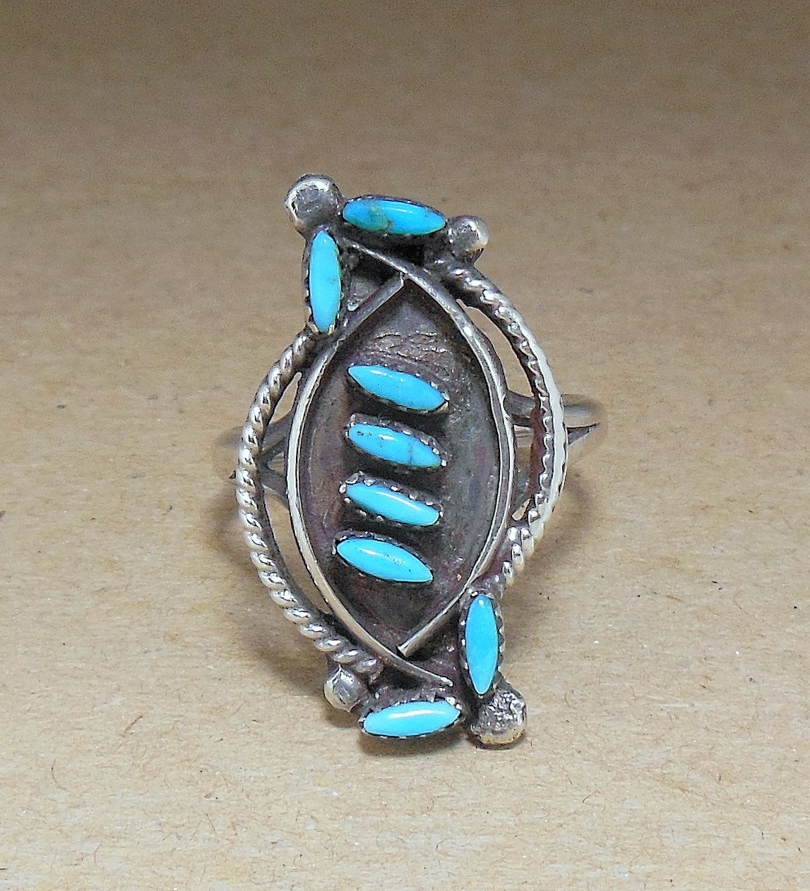 Native American ELEANOR WEEKA Zuni Sterling Turquoise Needlepoint Ring 7.25