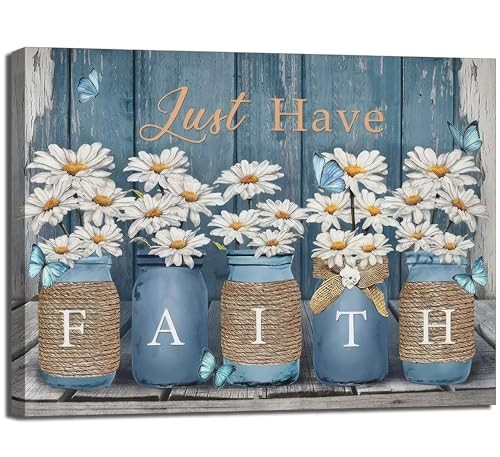 Daisy Wall Art Farmhouse Blue Bathroom Poster Prints Rustic 16"L x 12"W Canvas