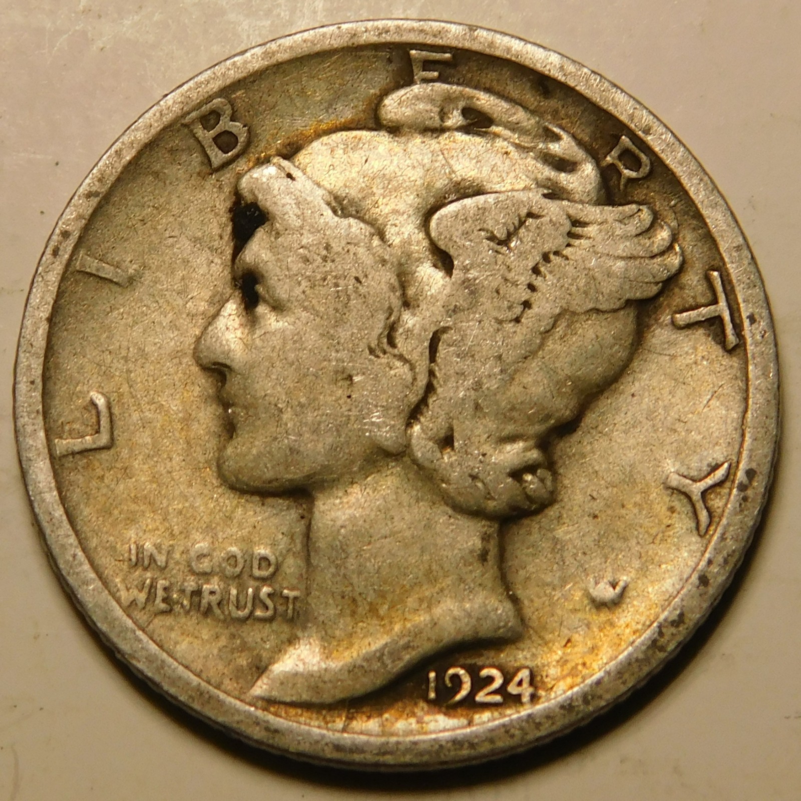 1924 D Mercury Dime 90% Silver F-VF   "Actual Coin Pictured - Not Cleaned"