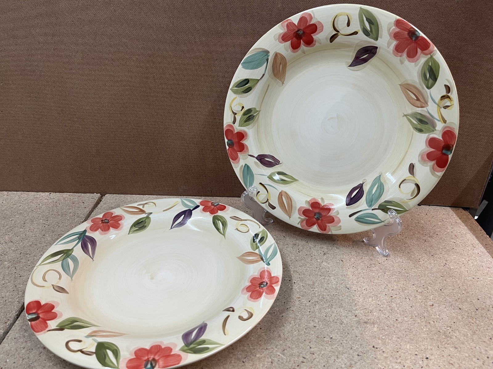 Set Of 2 Pier 1 One Imports Laurina Ceramic Cream Floral Dinner Plates 11 1/4"
