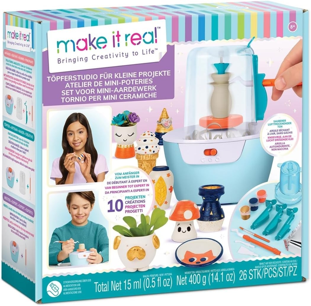 Make It Real Mini Pottery Studio - 26-Piece DIY Pottery Kit with Mess-Free Air