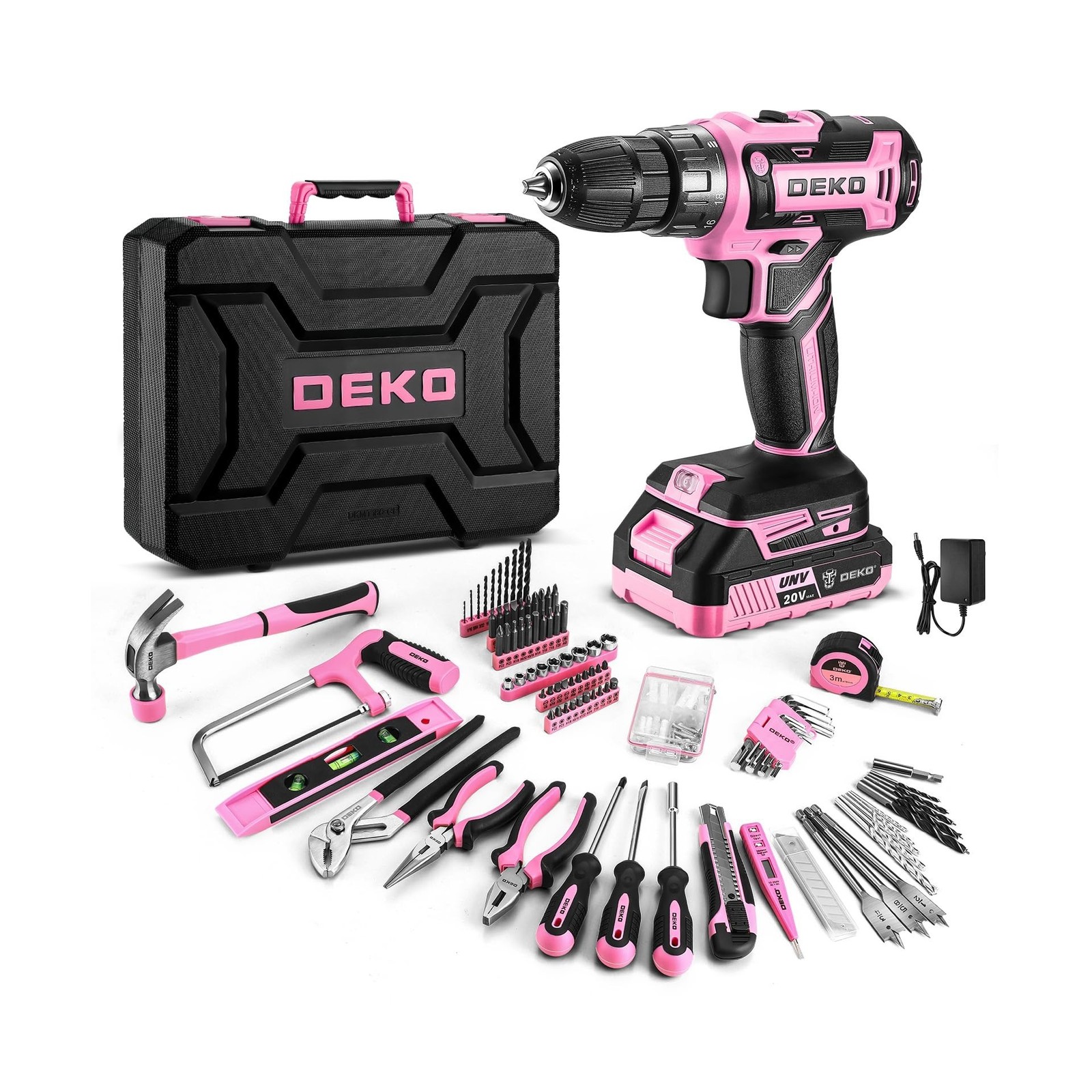 Pink Power Drill Tool Kit Set: 20V Cordless Electric Drill, Driver, Tool Box ...
