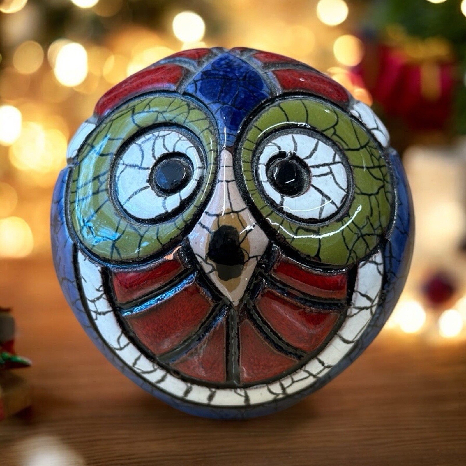 Talavera Mexican Hand Painted Pottery Crackle Owl Round Figurine Folk Art
