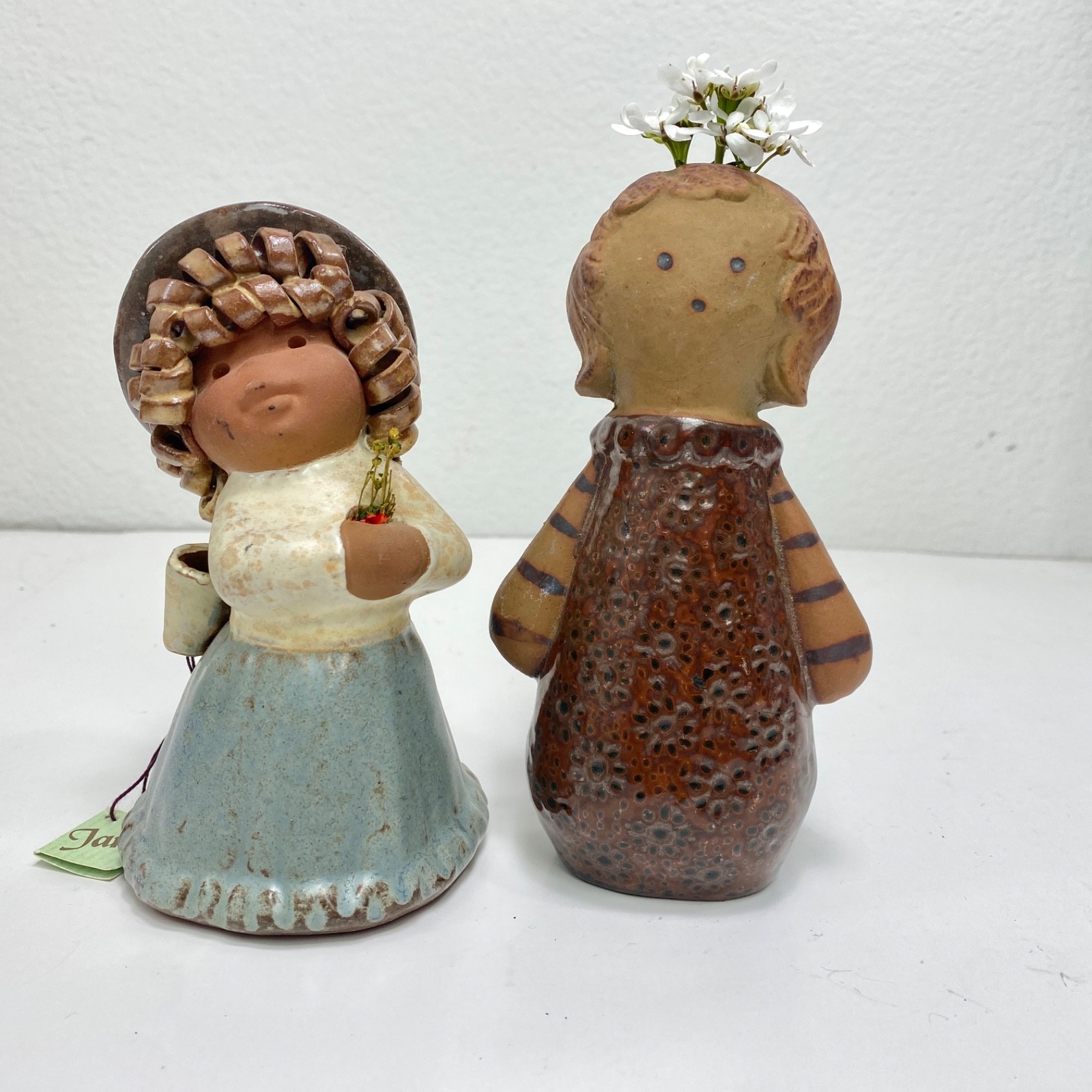 Two Vintage Girl Clay Ceramic Figurines Made In Spain & Japan Bohemian Folk Art