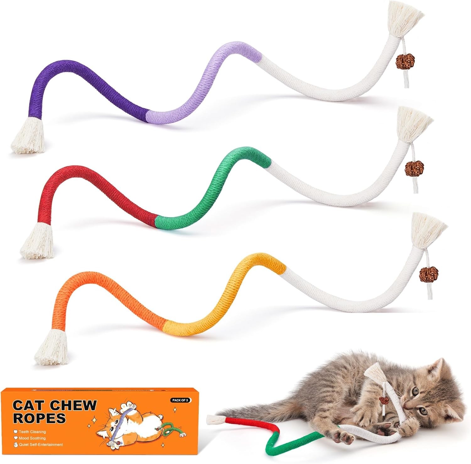 Cat Toys Chew Ropes 3Pcs with Refillable Natural Catnip, Safe Teeth Cle