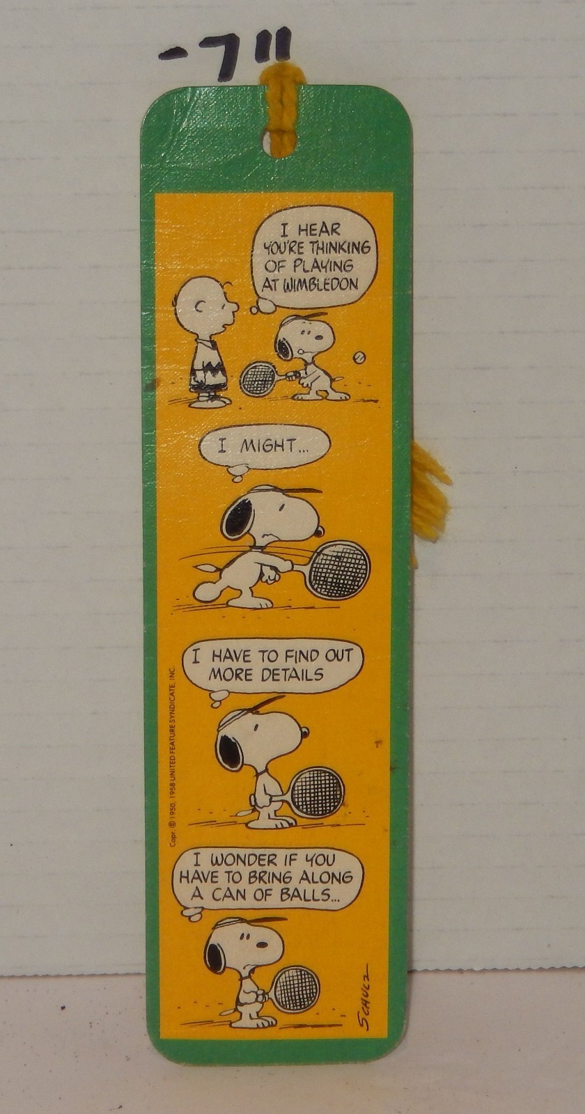 Vintage Snoopy Peanuts Tennis Bookmark Hallmark Publishing Yellow Yarn Tassel