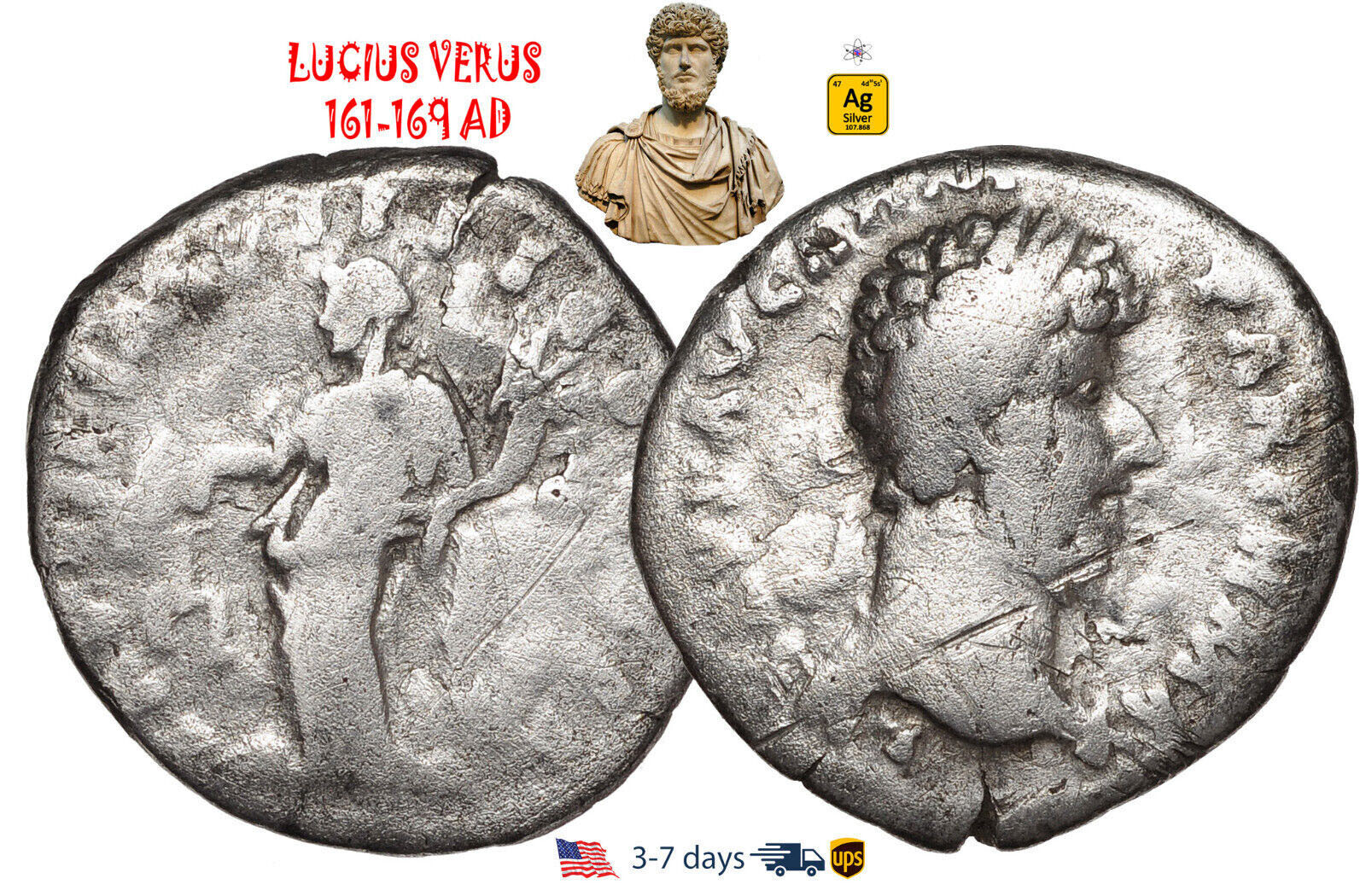 Ancient Roman Empire Coin Silver Denarius LUCIUS VERUS 161-169 Authentic #30314