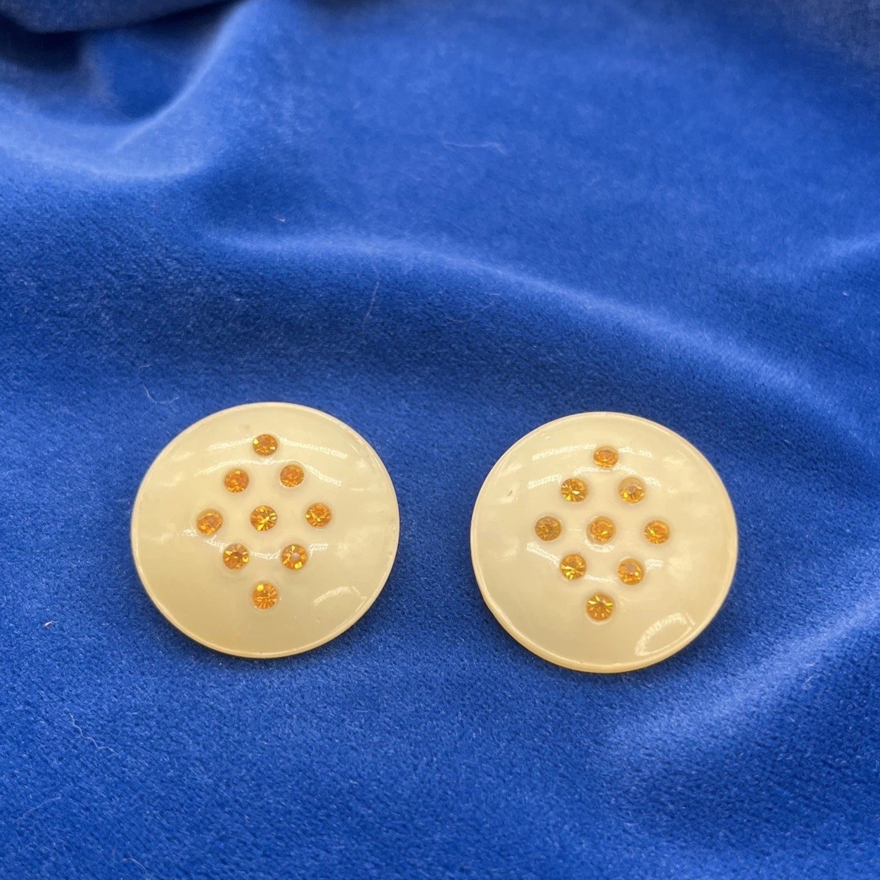 Vintage Cream Celluloid With Amber Rhinestone Clip On Earrings 1.25”