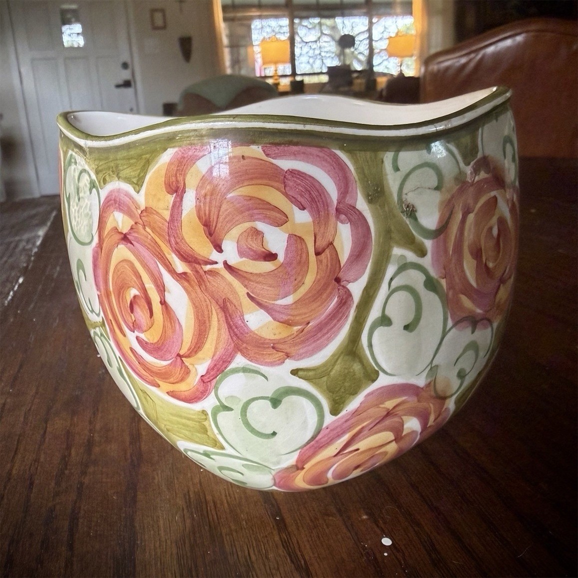 Vintage Mediterranean Hand Painted Glazed Flower Vase 4.5”x6” Made In Portugal  