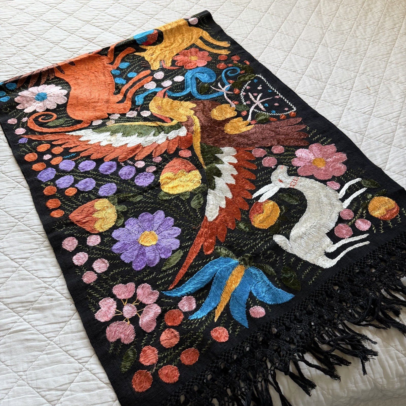 Vintage Mexican Tenango Otomi Embroidered Textile Runner Folk Art  67”x25”