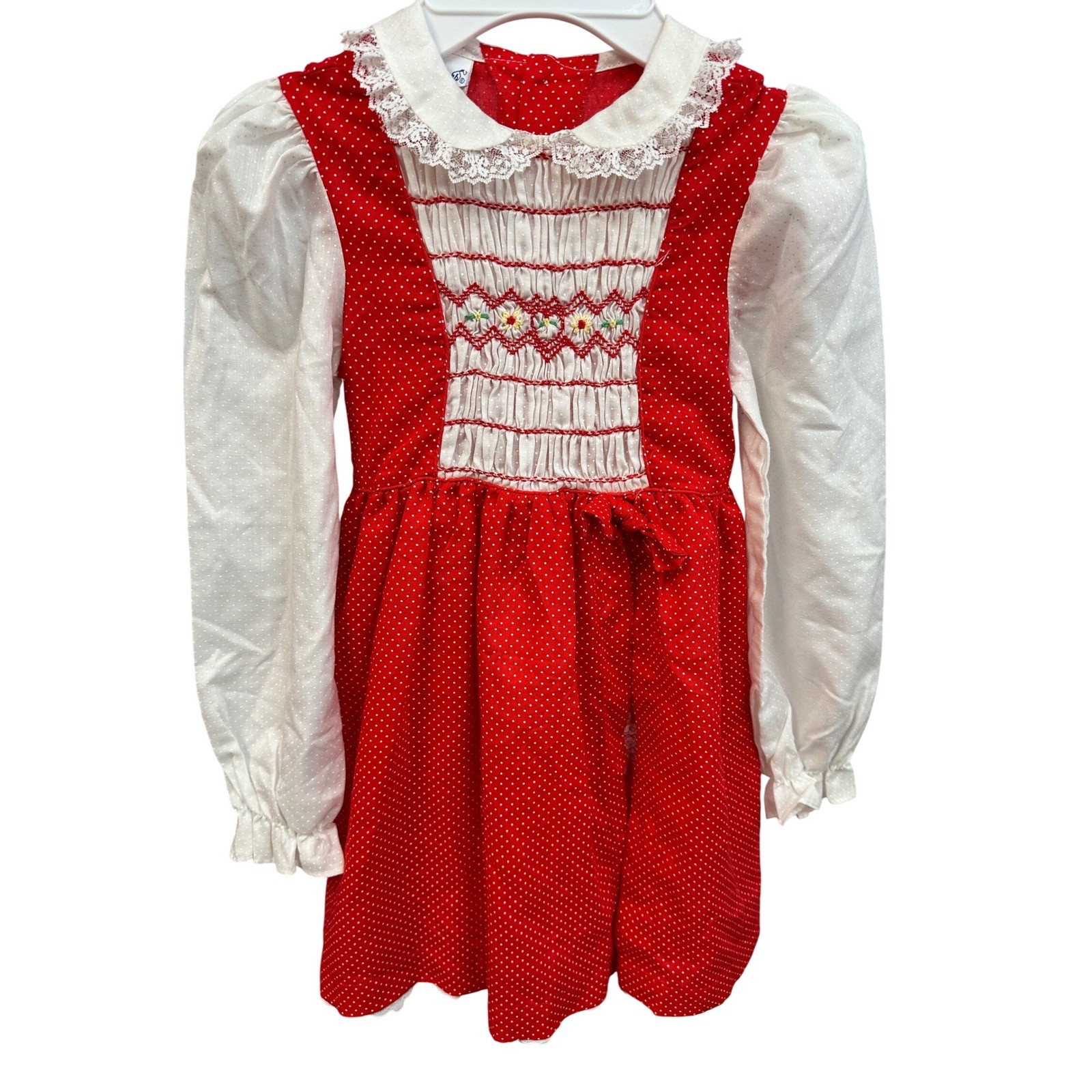 Polly Flinders Girls Red Polka Dot Dress Smocked Long Sleeve Size 6X Vintage