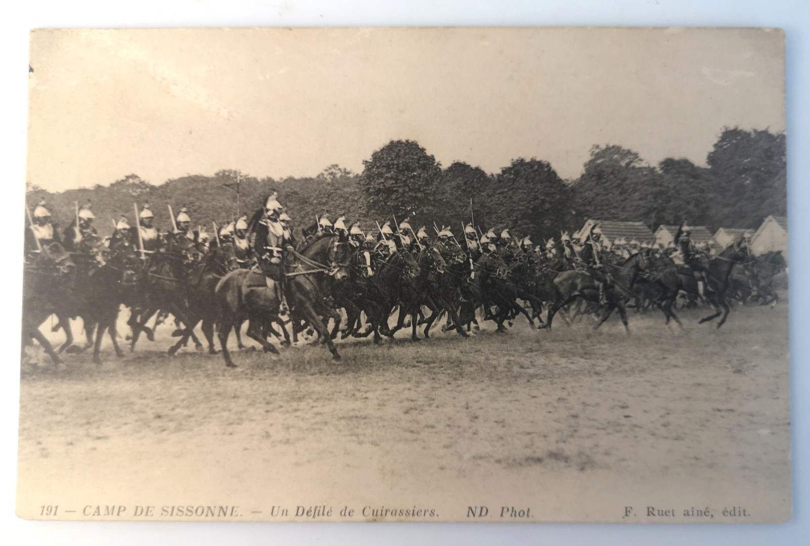 Old postcard - Camp de Sissonne: Parade of Cuirassiers Photographer: F. Ruet ainé, ed.