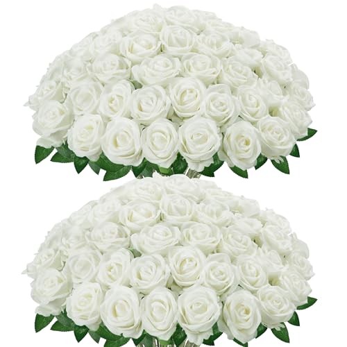 Pcs Roses Artificial Flowers, Fake Velvet Silk Rose Bulk Faux Flower 50 White