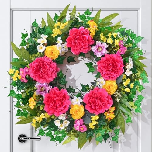  Spring Wreaths for Front Door, 24 Inch Large Spring 1 Pack Fuchsia+green