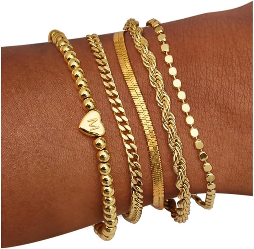 Gold Bracelets for Women Waterproof Stackable Heart Initial Charm Bracelets Set 