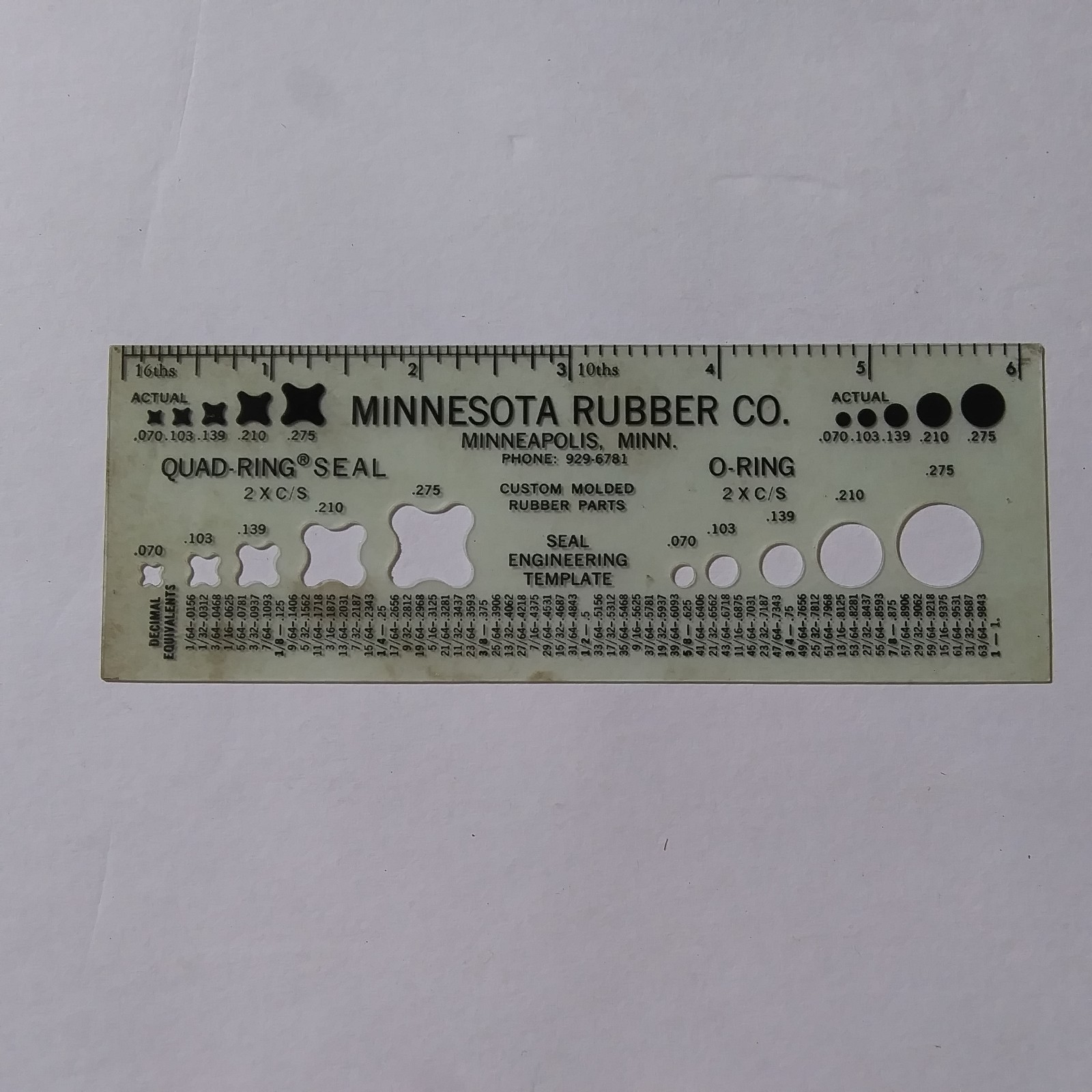 Minnesota Rubber Co O-Ring Quad Ring Seal Engineering Template Ruler USA