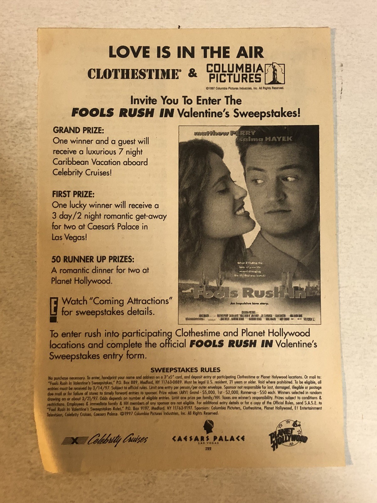 Fools Rush In Movie Matthew Perry Salma Hayek Vintage Print Ad Tpa27