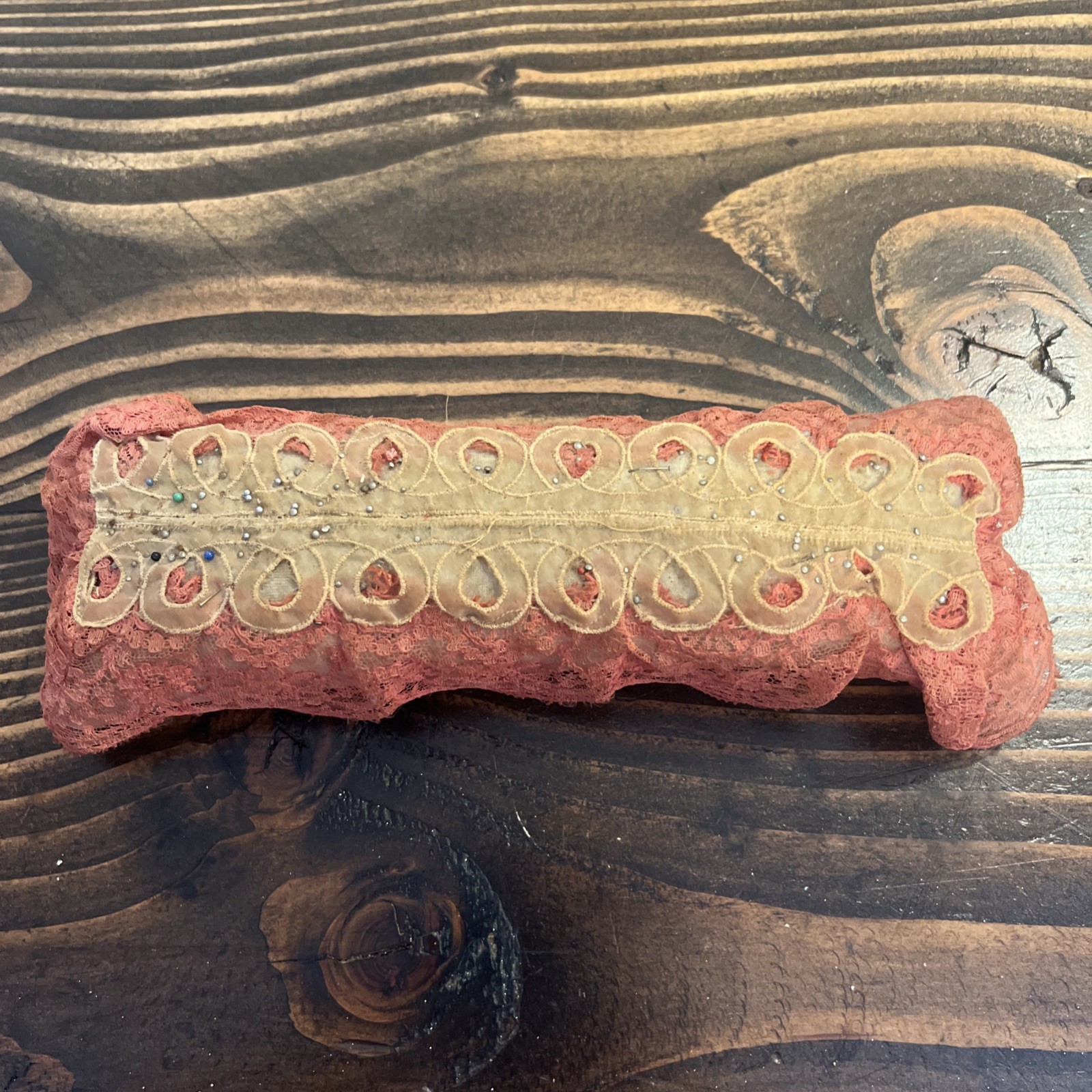 Antique Victorian Pin Cushion Log Pink Lace ￼