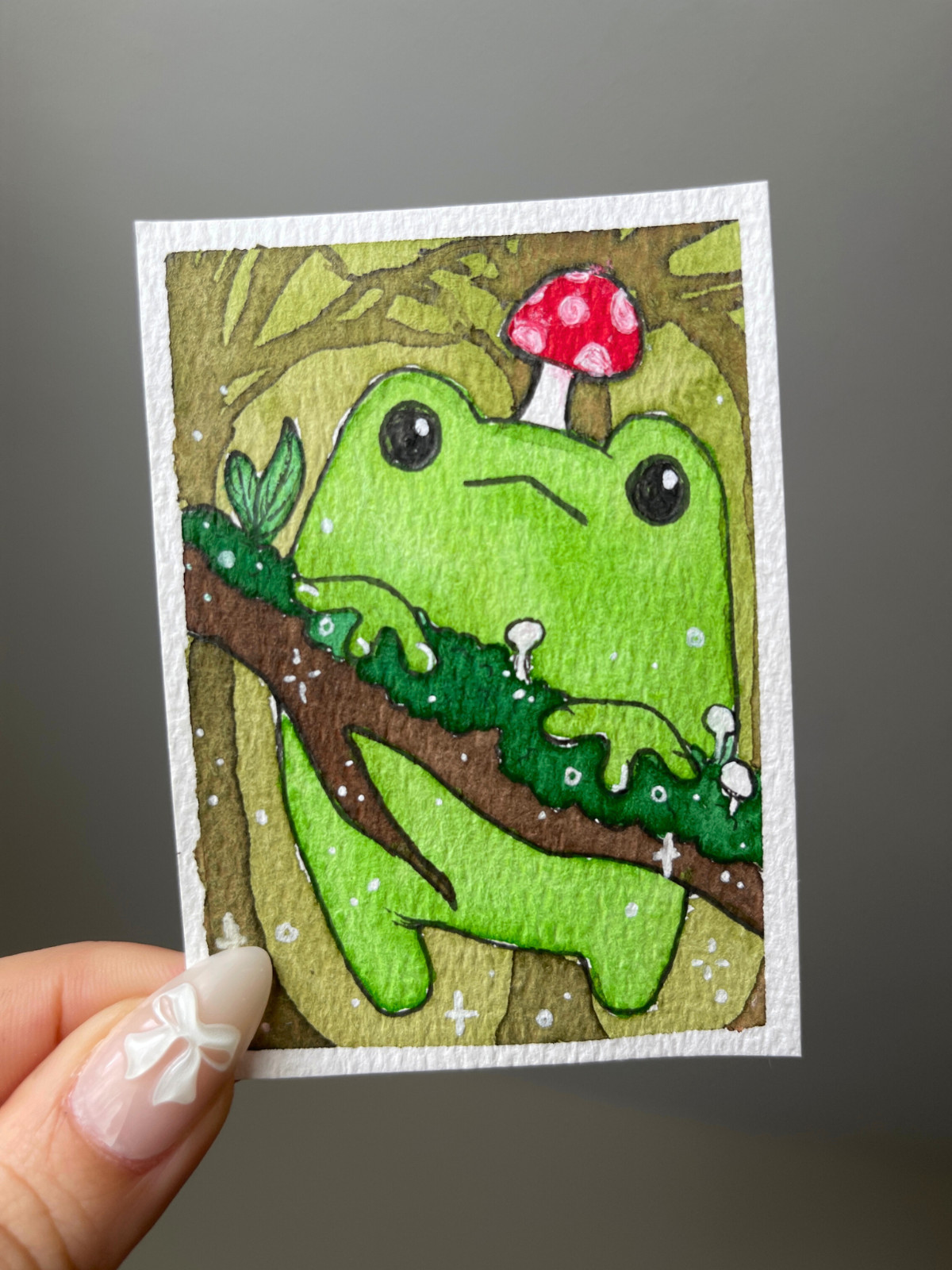 ACEO Frog and a Mushroom  - Original ACEO Artist Trading Card by StarBunnyPaints