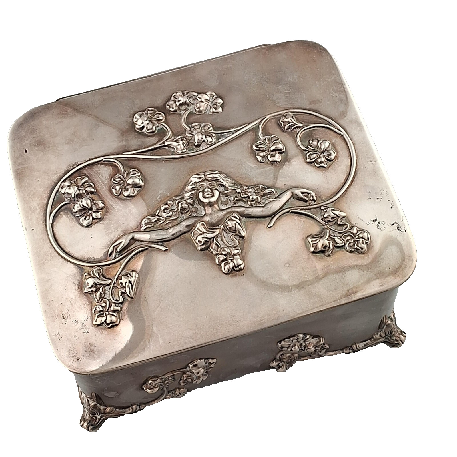 Antique Silver Plate Art Nouveau Lady Large Jewelry Casket Box High Relief PROP