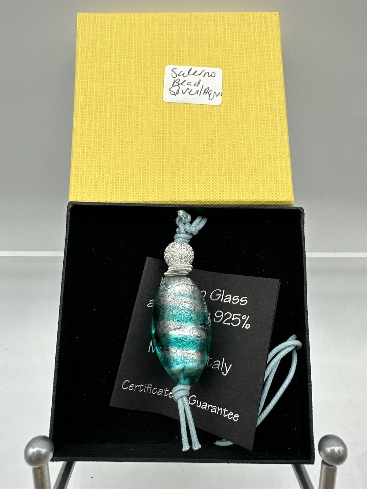 Murano Glass Salerno Silver Aqua Bead Pendant Venetian Glass (M3)