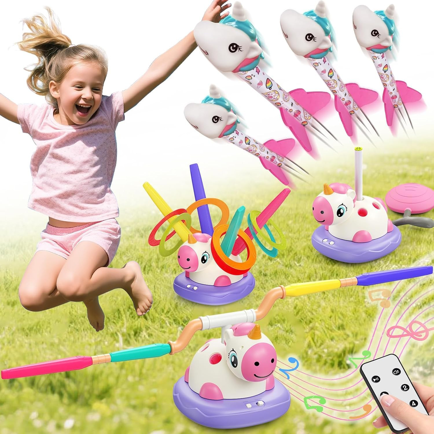 3 in 1 Unicorn Rocket Launcher, Ring Toss & Musical Jump, Outdoor Jumping Spinni