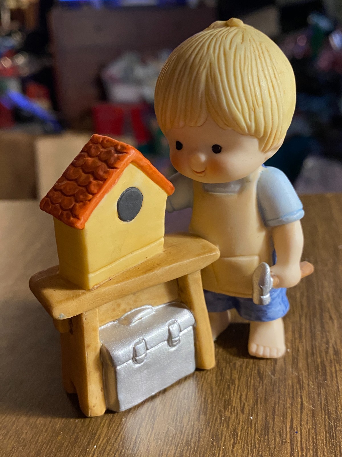 Country Cousins Enesco 1982 Porcelain Boy Builds Bird House Figurine 3 1/4" VTG