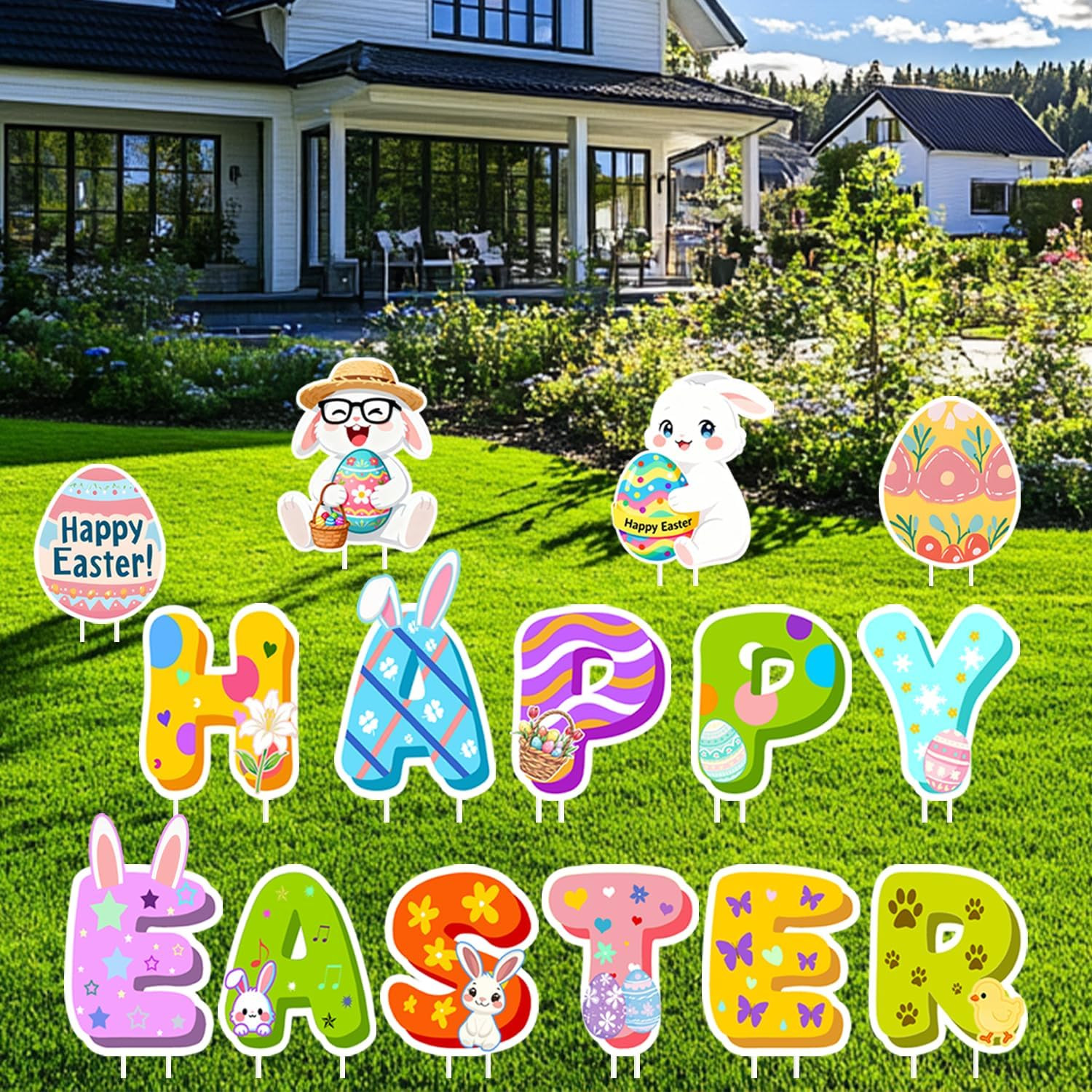 Happy Easter Yard Signs Outdoor Decorations, 15PCS Bunny & Egg Lawn Sign Set wit