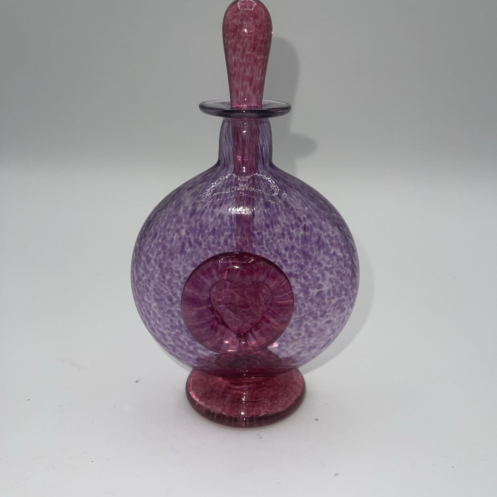 Amethyst & Pink Art Glass Perfume Bottle w/Original Stopper. Applied Heart Sign