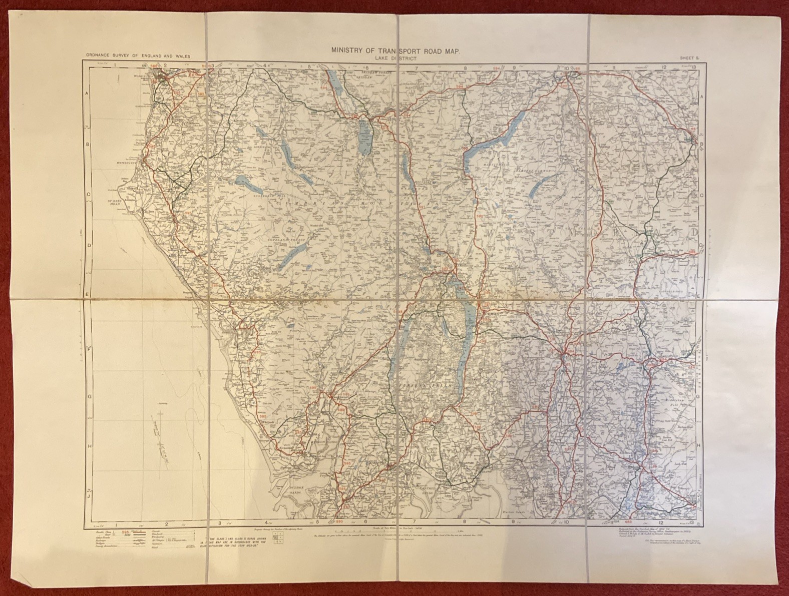 1923 Ministry Of Transport Road Map Sheet 5 Lake District - Cloth Back