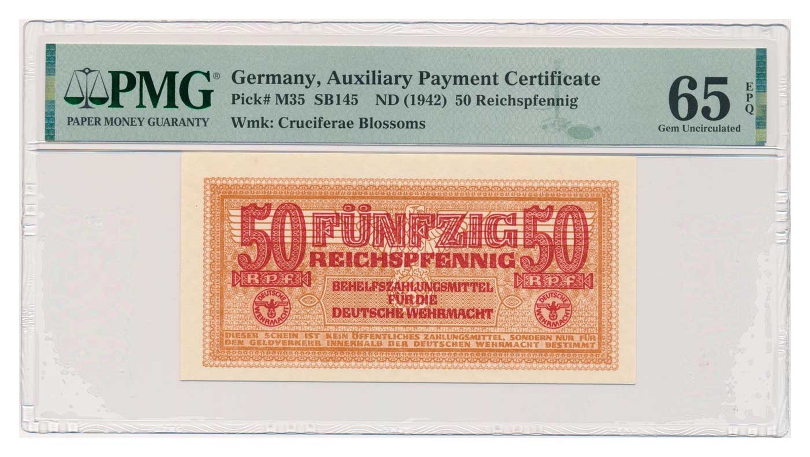 GERMANY banknote 50 Reichspfennig 1942 PMG MS 65 EPQ Gem Uncirculated