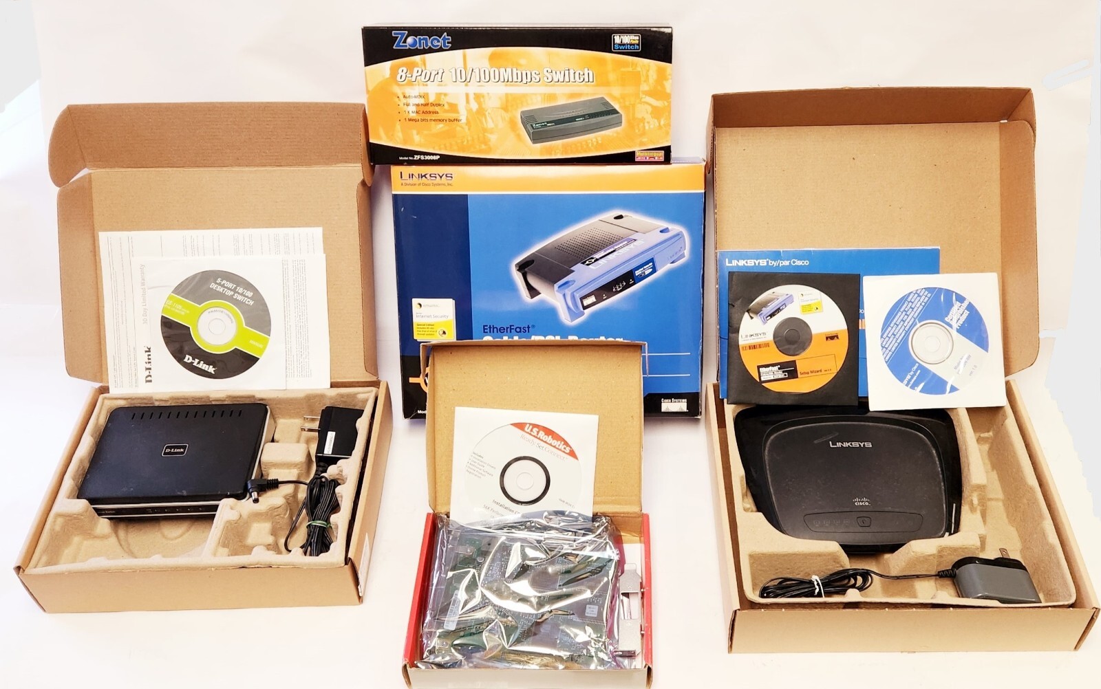 LOT OF ROUTERS, FAXMODEM, & ETHERNET SWITCH (USED)