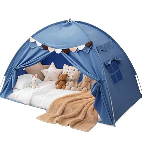 Toddler Bed Tent, Canopy for Girls & Boys with Star Lights, Easy Setup Blue