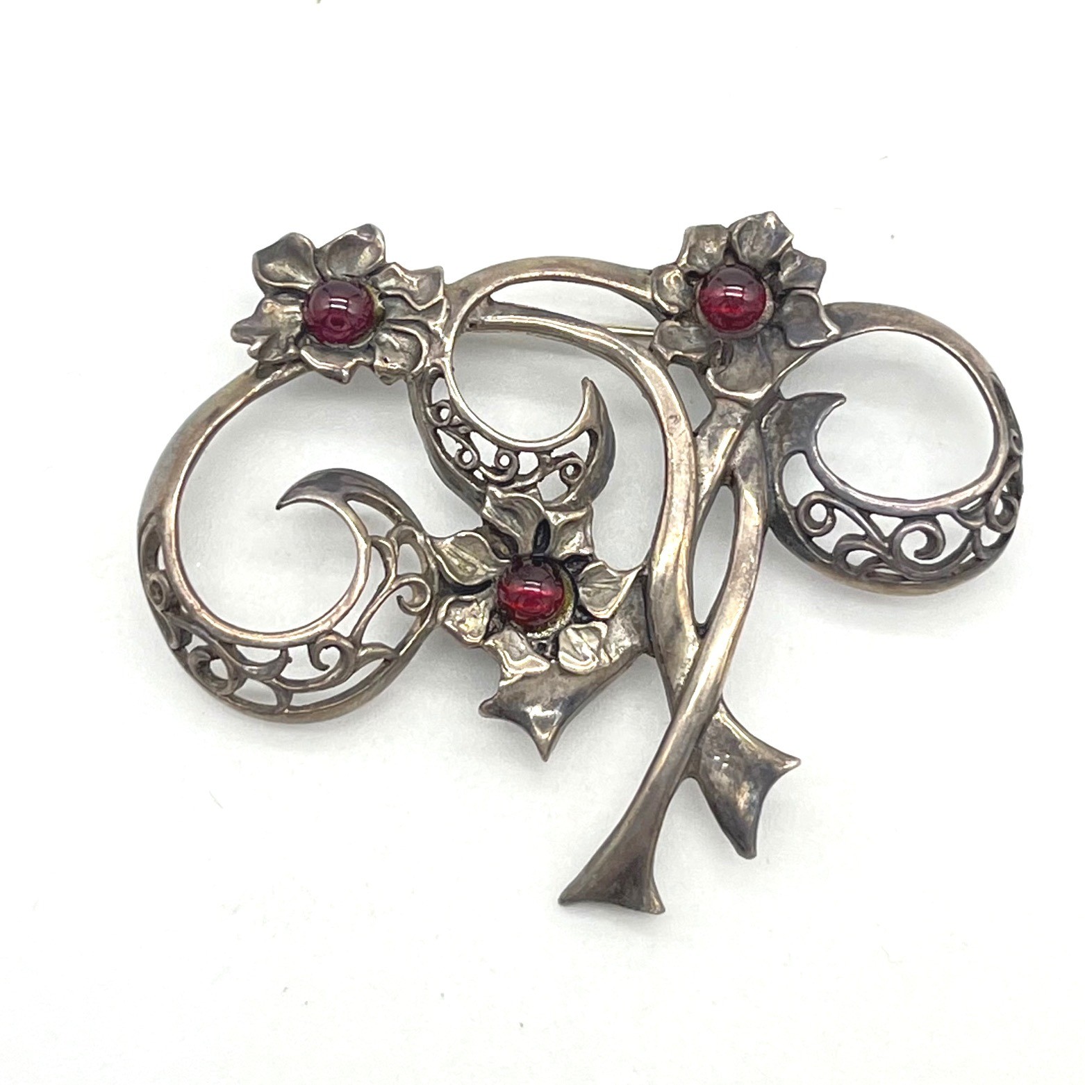 Vintage Jezlaine Sterling Silver 925 Floral Brooch Pin Red Stone Flower Filigree