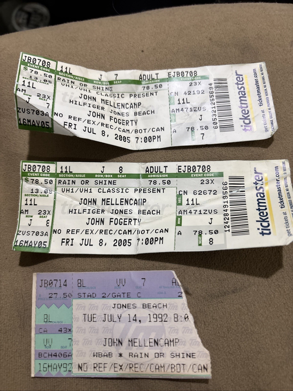 John Cougar Mellencamp Tickets Stubs Jones Beach July 8, 2005 And July 14, 1992